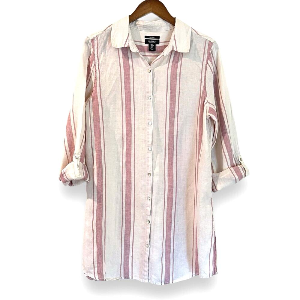 Jones New York 100% Linen Pink Striped Roll-Tab Tunic L Coastal Lagenlook
